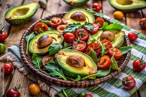  A close-up of sliced avocado, roasted tomatoes, and sautéed mushrooms on a spring-themed picnic blanket surrounded by leaves