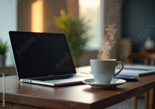 Warm cup of coffee beside a laptop on a wooden table in a sunlit workspace