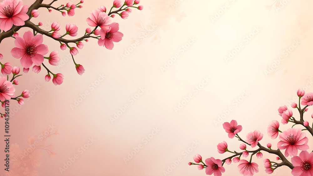 Naklejka premium Pink Cherry Blossom Flowers Branches on Peach Background. Spring Floral Design Concept.