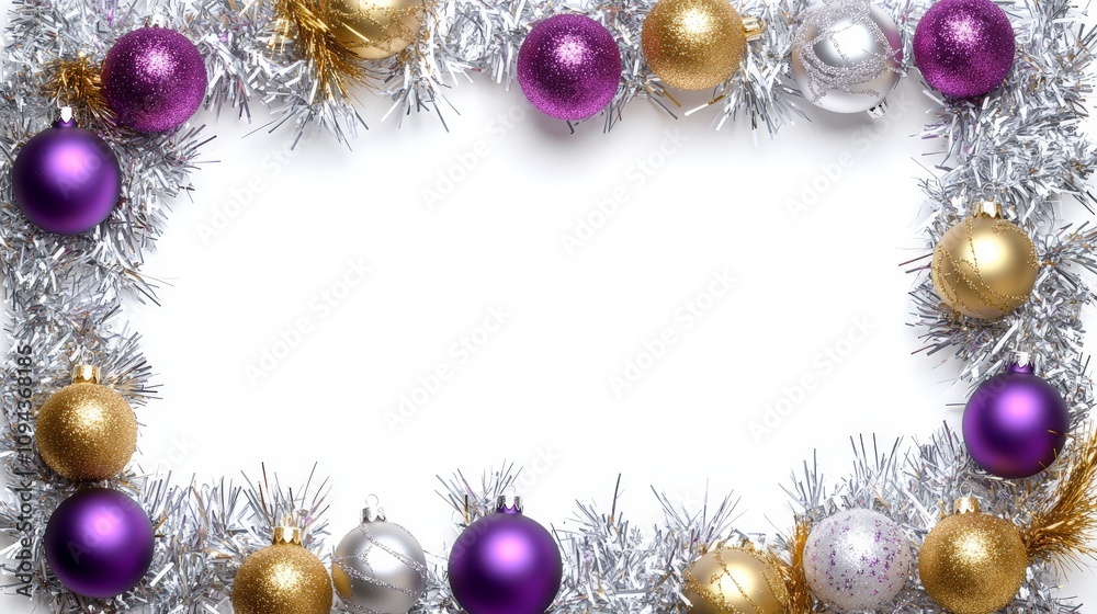 Festive frame with purple, gold, and silver christmas ornaments and tinsel.