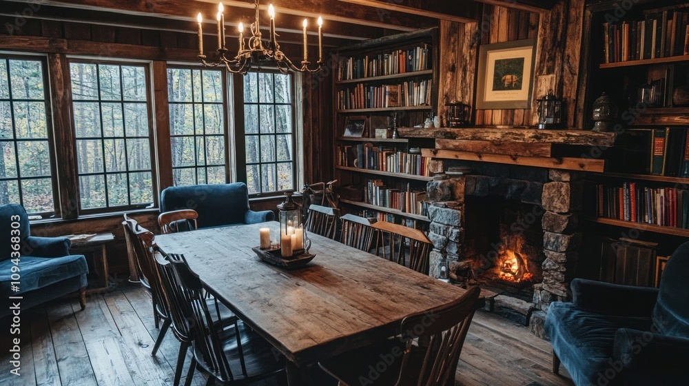 Rustic Dining Room with Stone Fireplace, Candlelit Table, Bookshelves, and Forest View Rustic Dining Room with Stone Fireplace, Candlelit Table, Bookshelves, and Forest View