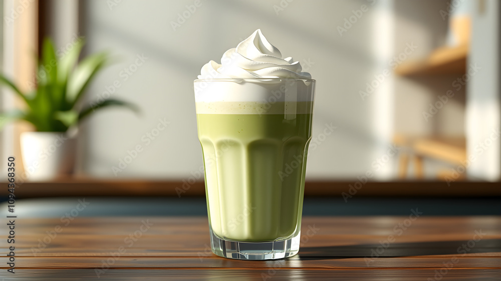 A refreshing iced matcha latte topped with whipped cream, perfect for a warm day. A refreshing iced matcha latte topped with whipped cream, perfect for a warm day.