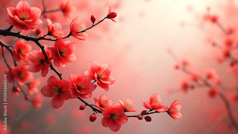 Red flowers blooming in spring. Concept of beauty, nature, and freshness. Red flowers blooming in spring. Concept of beauty, nature, and freshness.