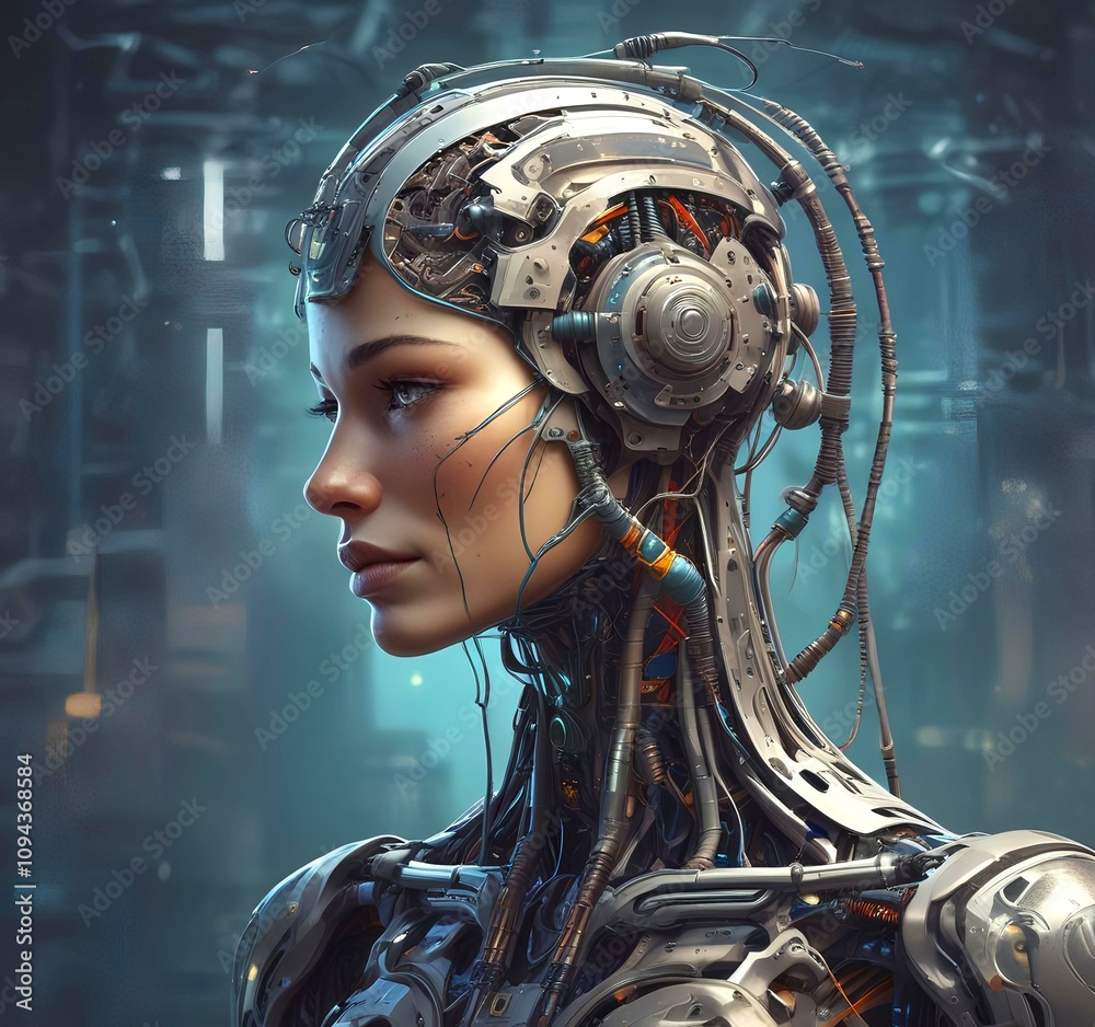 Technology illustration of cyborg with brain connections. Technology illustration of cyborg with brain connections.