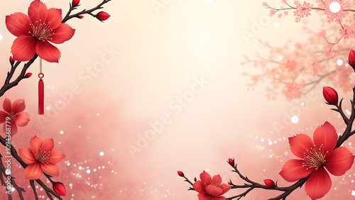 Red Cherry Blossom Flowers Spring Background. Concept of celebration, nature, and beauty.