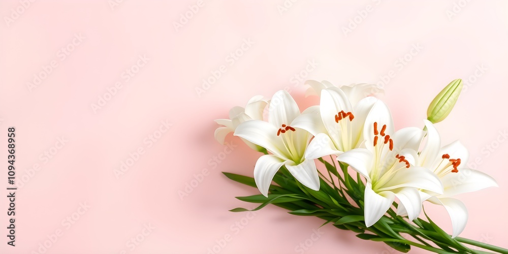 White lily bouquet on gentle pastel backdrop White lily bouquet on gentle pastel backdrop