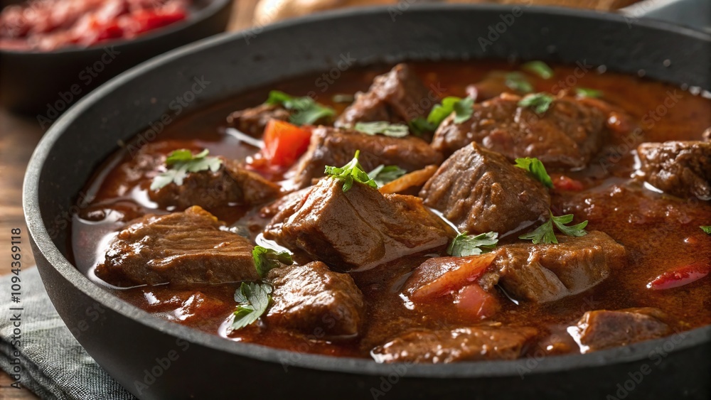 Close-up of tender beef chunks swimming in a rich sauce, tender meat, juicy flavors Close-up of tender beef chunks swimming in a rich sauce, tender meat, juicy flavors