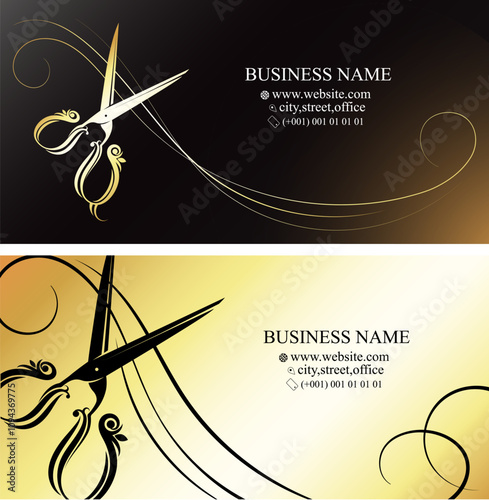 Golden beautiful scissors and lock of hair, business card