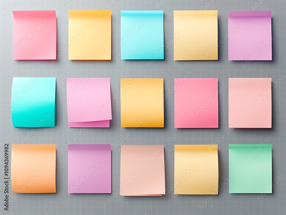 Fototapeta premium A wall with an assortment of colorful sticky notes in various shades of blue, pink, yellow, orange and green.