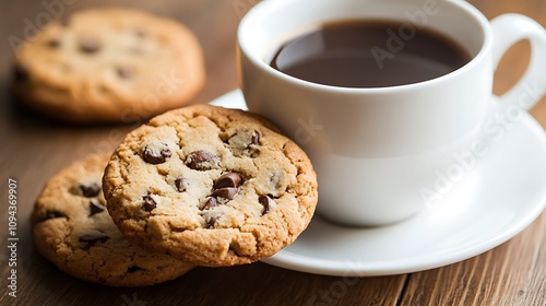 Chocolate Chip Cookies and Coffee on a Wooden Table. AI Generated