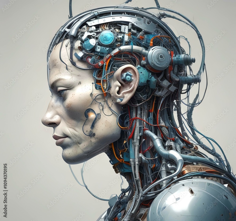 Technology illustration of cyborg with brain connections. Technology illustration of cyborg with brain connections.