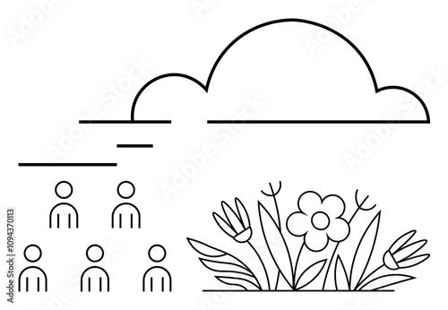 Cloud hovering above a group of six people and a flower garden. Ideal for community, nature, growth, unity, teamwork, simplicity, and minimalism themes. Line metaphor