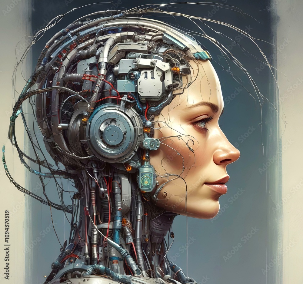 Technology illustration of cyborg with brain connections.