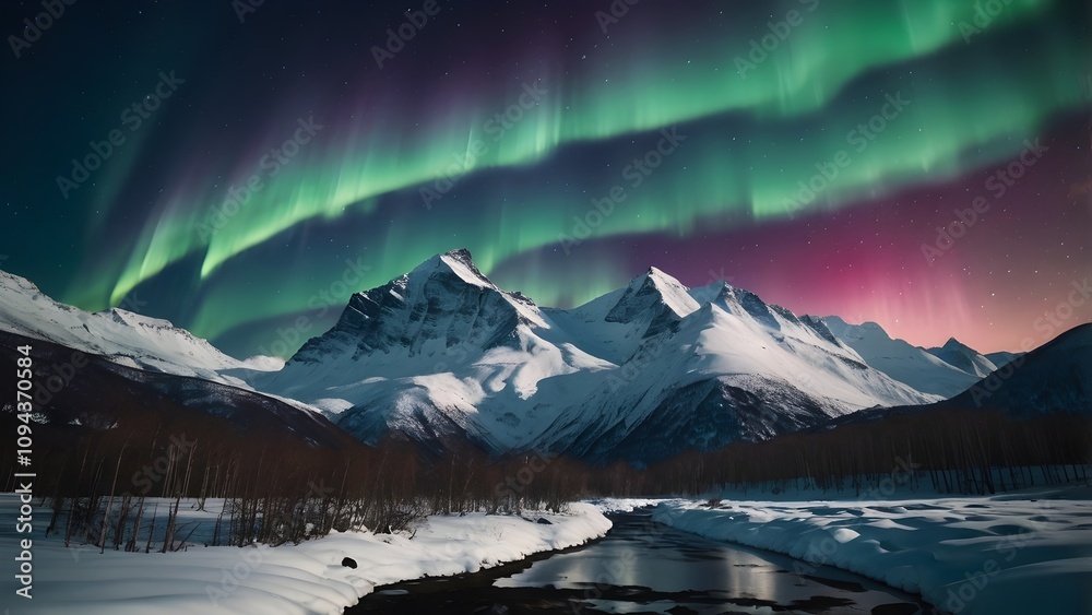 Fototapeta Winter Aurora Borealis Over Snowy Mountains for Design Backdrops