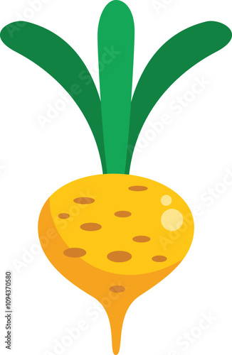 Simple cartoon style illustration of a yellow turnip growing with green leaves on a white background