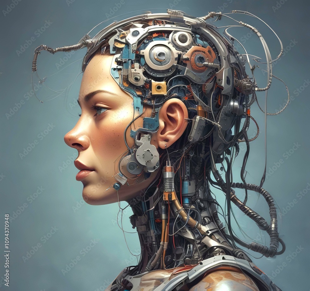 Technology illustration of cyborg with brain connections. Technology illustration of cyborg with brain connections.
