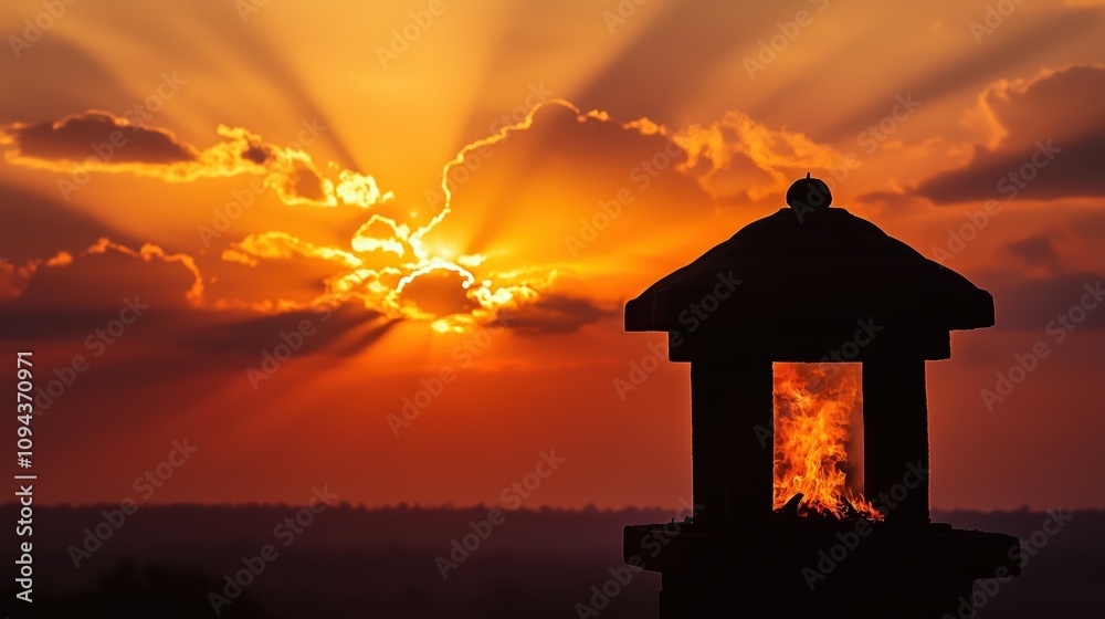 Stunning sunset with dramatic clouds and ancient lantern silhouette Stunning sunset with dramatic clouds and ancient lantern silhouette