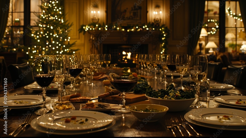 Warm festive kitchen backdrop with wooden table, christmas tree, and twinkling lights for gatherings Warm festive kitchen backdrop with wooden table, christmas tree, and twinkling lights for gatherings