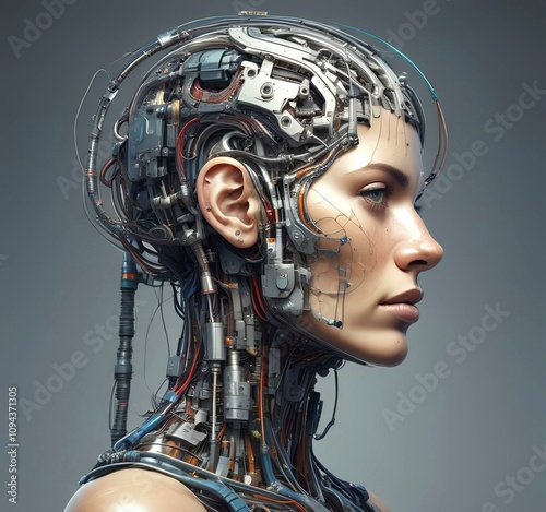 Technology illustration of cyborg with brain connections.