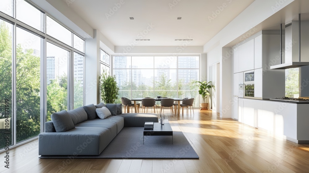 Fototapeta premium Spacious modern living room with large windows and a light-filled atmosphere.