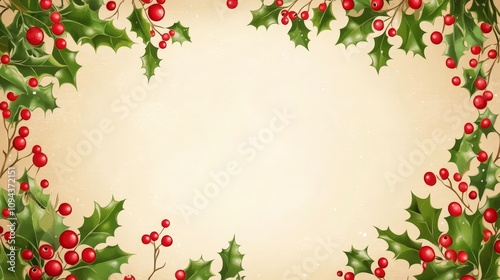 Festive holly and berry border on cream background for holiday decoration.