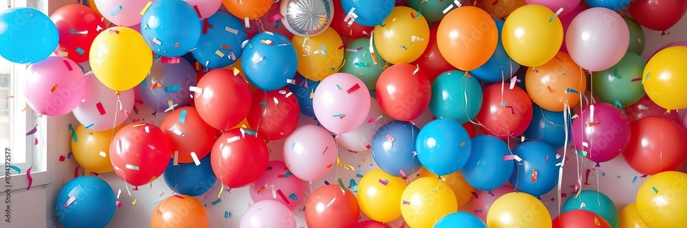 Confetti and balloons filling a room, confetti and balloons, celebration, colorful confetti Confetti and balloons filling a room, confetti and balloons, celebration, colorful confetti