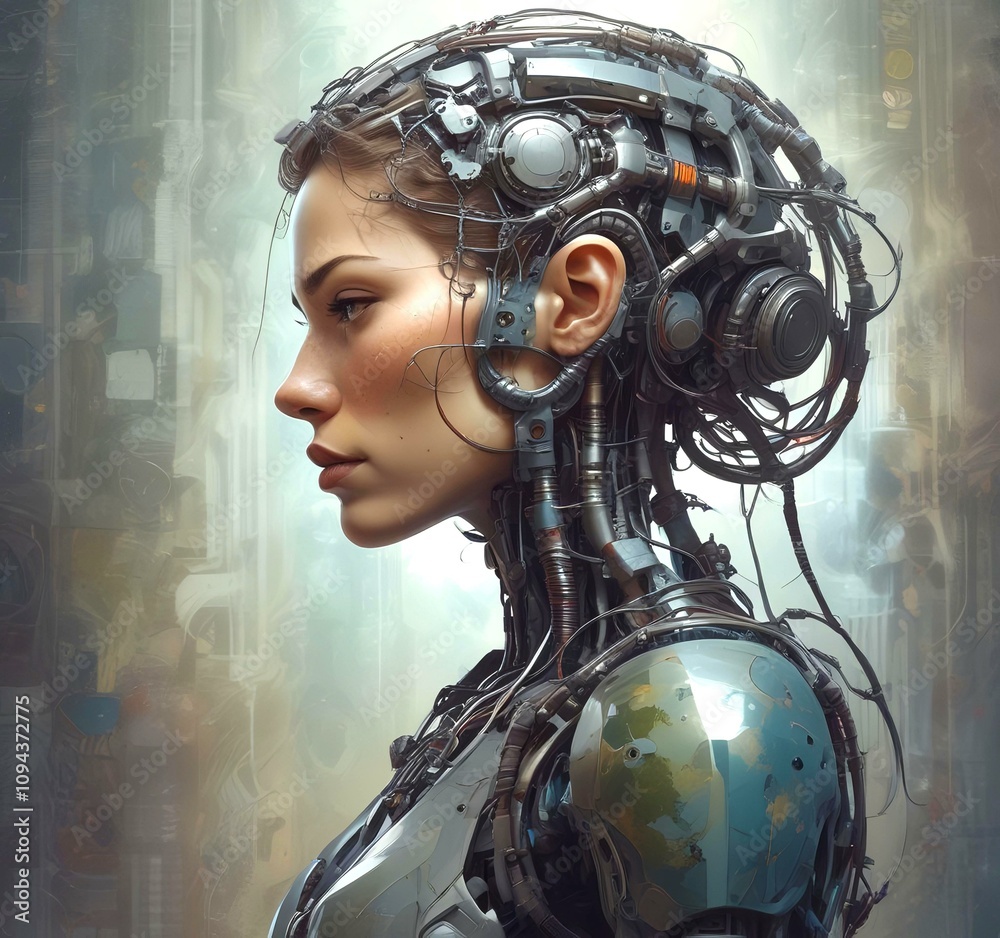 Technology illustration of cyborg with brain connections.