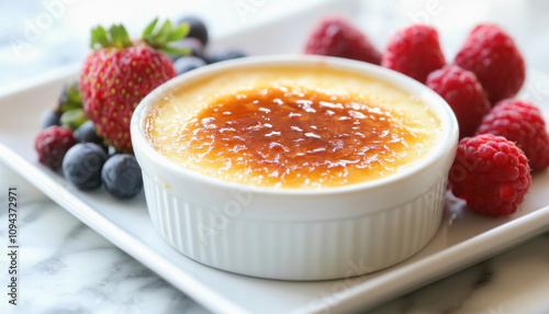 Delicious creme brulee served with fresh berries on a white plate photo