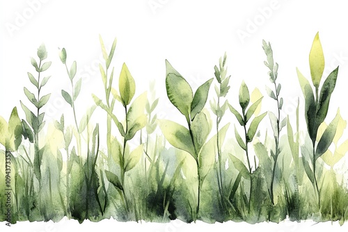 A watercolor painting of a field of green grass and wildflowers.