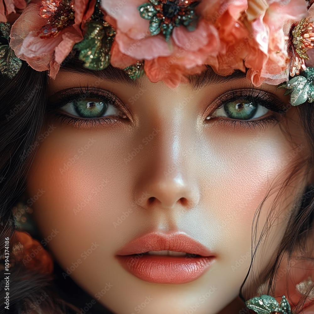 Naklejka premium A stunning portrait of a woman adorned with flowers, showcasing captivating green eyes and soft, radiant skin.
