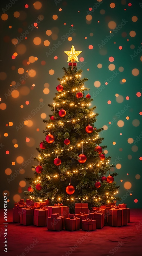 Decorated Christmas tree, garlands, gifts in red and green tones, bokeh Decorated Christmas tree, garlands, gifts in red and green tones, bokeh