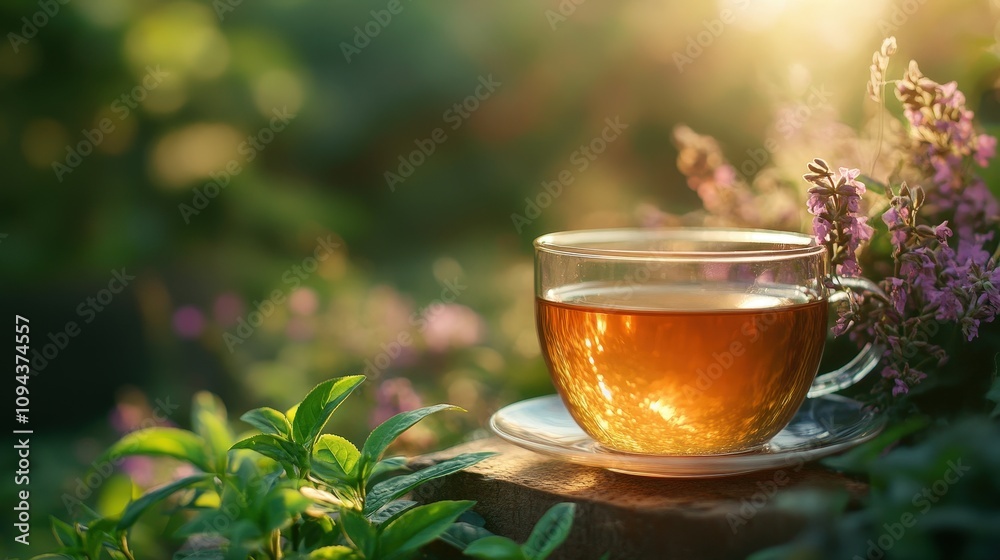 A tranquil tea cup sits among vibrant flowers, capturing the essence of nature and relaxation during a sunny day. A tranquil tea cup sits among vibrant flowers, capturing the essence of nature and relaxation during a sunny day.
