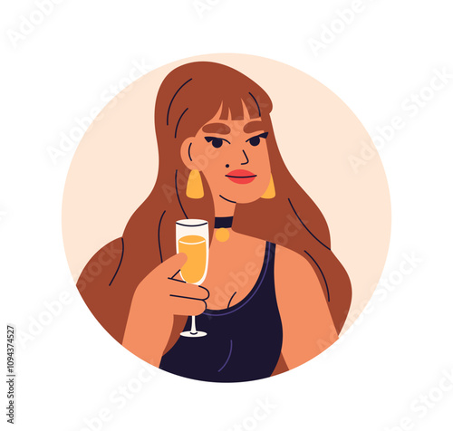 Woman holding champagne glass, celebrating holiday party. Circle avatar, fema...