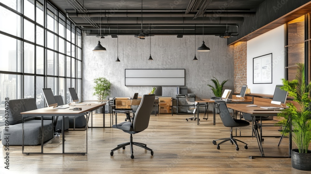 Fototapeta premium Modern office interior featuring open workspaces with stylish wooden desks and large windows, ideal for productivity.