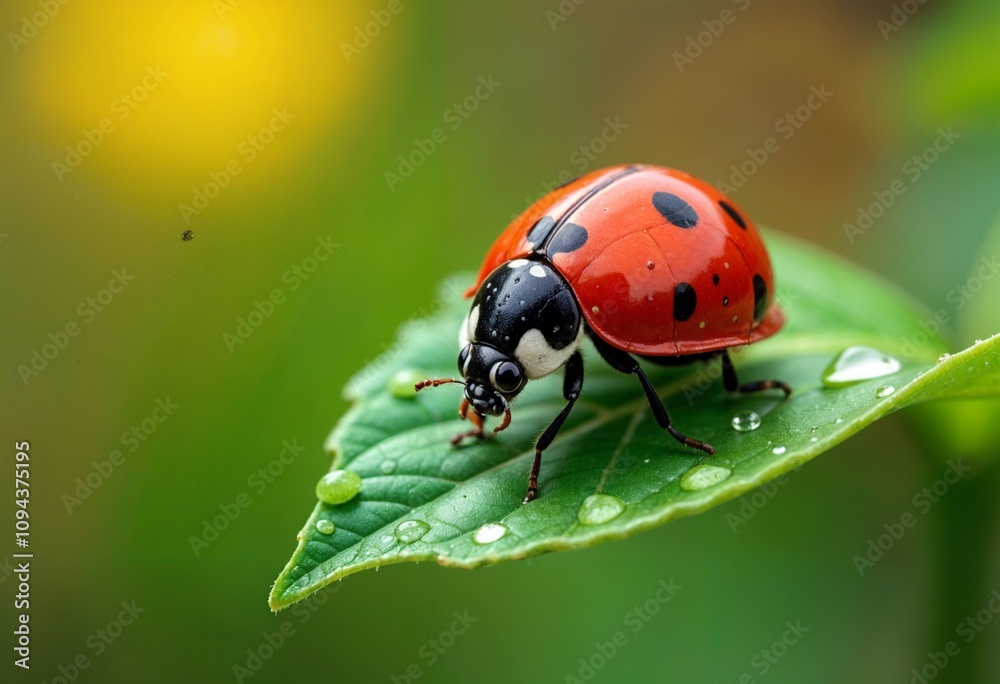 Fototapeta premium Ladybug on Dewy Leaf in Morning Light