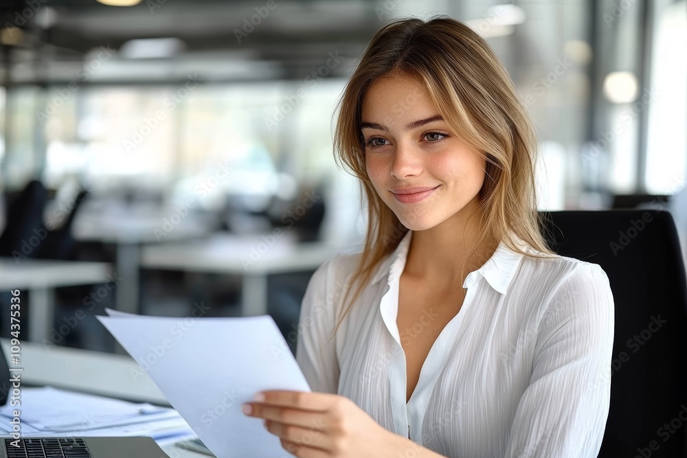 Young woman professional smiling at desk with laptop holding document in modern office space Young woman professional smiling at desk with laptop holding document in modern office space