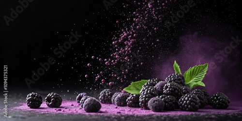 Dark berry splash on a dark black background with vibrant purple undertones and slight gradient effect, , foodphotography, , , photo