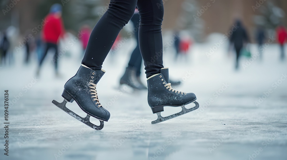 Naklejka premium Ice skating, close up of skates on ice