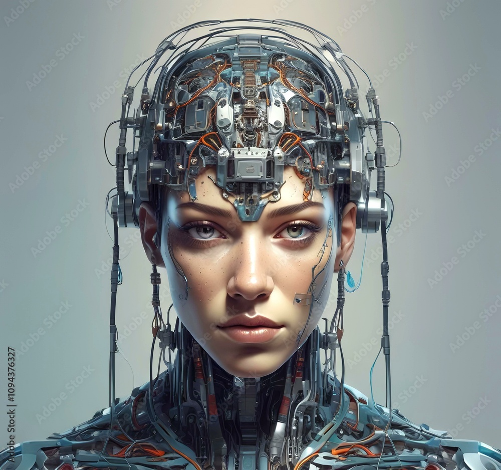 Technology illustration of cyborg with brain connections. Technology illustration of cyborg with brain connections.