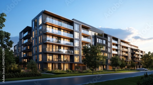 Sleek apartment complex with large glass-panel balconies, urban design, and a radiant blue sky