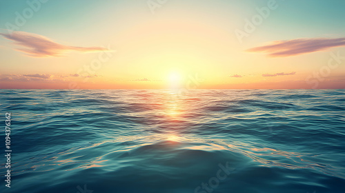 Serene ocean sunset, golden hour light reflecting on calm waves. Perfect for travel, nature, or relaxation themes.