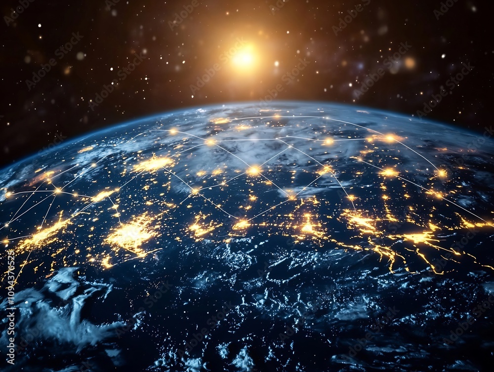 Obraz premium Illuminated Earth with Interconnected Digital Lines Symbolizing Global Connectivity and Communication