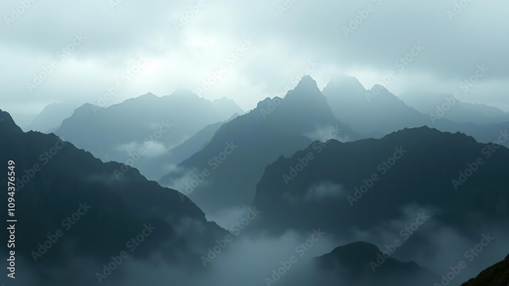 Dark misty mountains with rugged peaks and misty valleys, mountains, fog Dark misty mountains with rugged peaks and misty valleys, mountains, fog