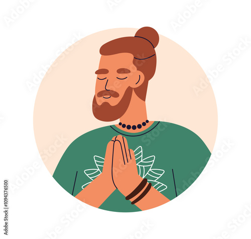 Bearded man in meditation with zen hands together. Prayer in meditative pose ...