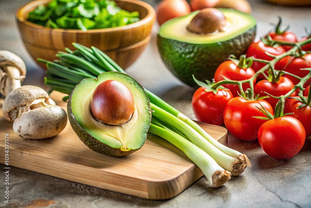 A minimalist kitchen counter with avocado, tomatoes, mushrooms