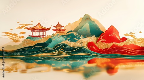 Traditional Chinese gold red green mountain pavilion illustration poster background