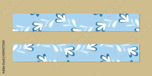 Vector illustration of a set of decorative ribbon stripes. Masking tape, satin or corsage, grssgrain tape, adhesive tapes for frames, scrapbooking. Packing patterned ribbons with foral ornament.