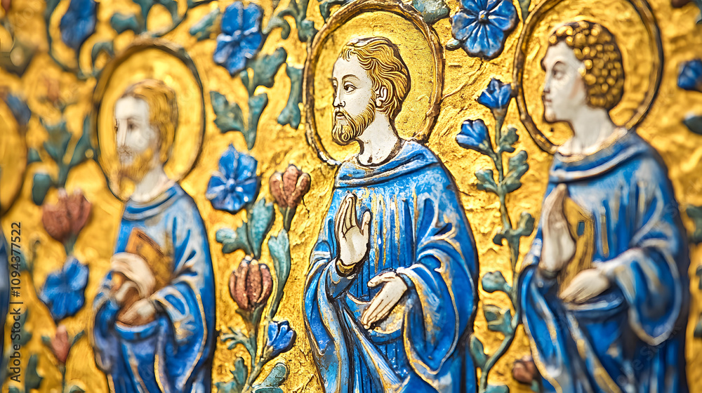 An illuminated Gothic manuscript page featuring saints and floral patterns in vibrant gold and blue. An illuminated Gothic manuscript page featuring saints and floral patterns in vibrant gold and blue.