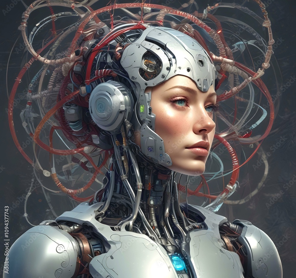 Fototapeta premium Technology illustration of cyborg with brain connections.