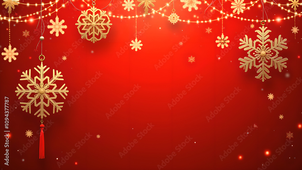Red and Gold Christmas Background with Snowflakes and Lights Red and Gold Christmas Background with Snowflakes and Lights
